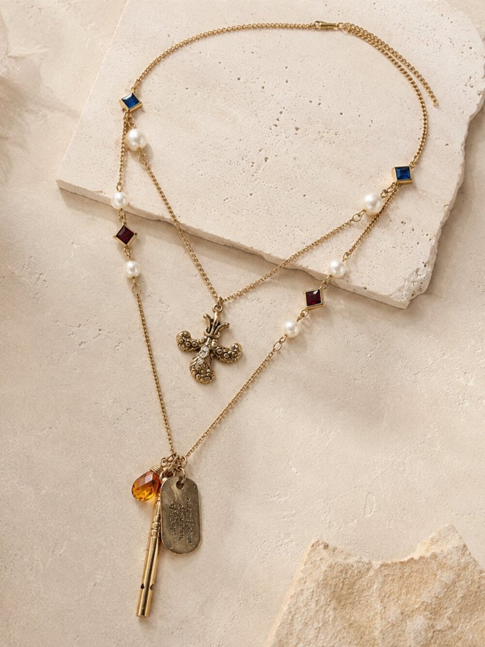 Vintage Layered Wisdom Fleur De Lis Charm Necklace with Faux Pearls, Key & Amber